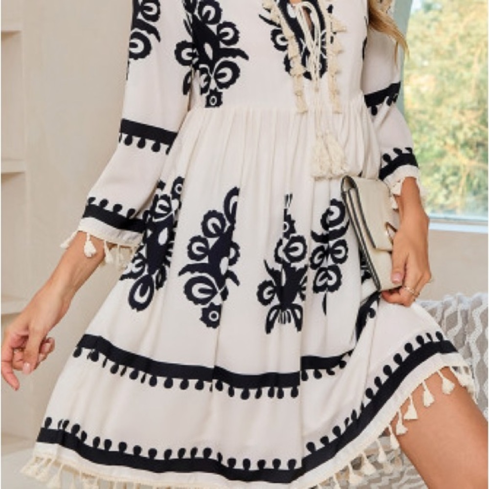 - Beige Ethnic Print Notch V Neck Fringe Mini Dress - Picture 3 of 8